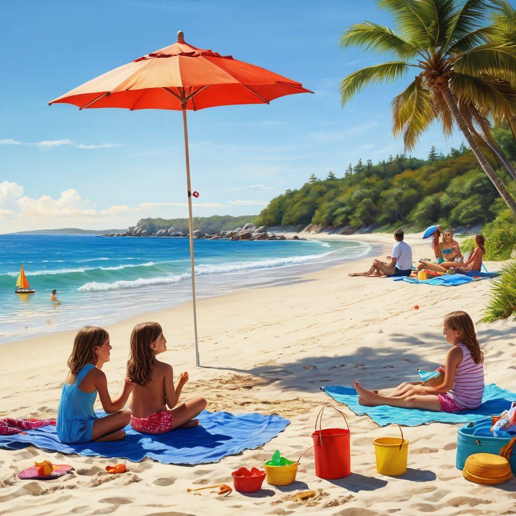 A lively family enjoying a day at Oyster Bay, capturing scenic coastal views with vibrant blue waters and a clear sky. Include children building sandcastles, parents having a picnic under a colorful beach umbrella, and distant sailboats on the horizon. Emphasize the warmth of family bonding amidst nature's beauty. super-realistic. vibrant colors. 3D.