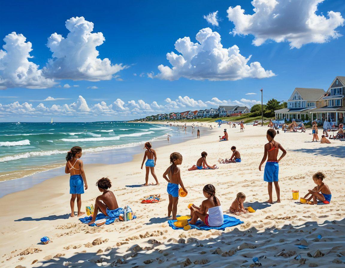 A picturesque beach scene in Oyster Bay, showcasing families enjoying various activities like shell collecting, picnicking, and playing beach volleyball under a bright sun. Vibrant shells scattered on the sandy shore with gentle waves in the background, and children building sandcastles. A clear blue sky filled with fluffy white clouds adds to the cheerful ambiance. super-realistic. vibrant colors. sunny atmosphere.