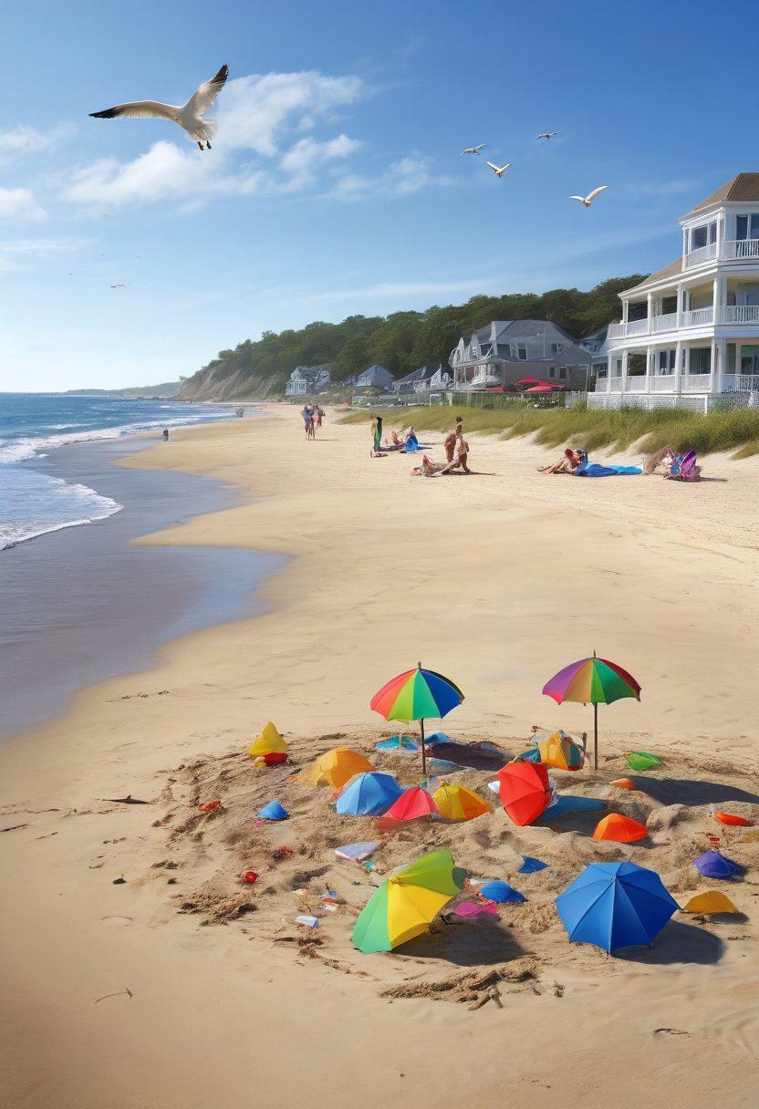 A picturesque scene of Oyster Bay's sandy shores, featuring a diverse family laughing and playing beach games, with colorful beach umbrellas and kids building sandcastles. In the background, gentle waves caress the shore, and seagulls soar in a clear blue sky. The scene should capture the essence of joy, adventure, and togetherness, with vibrant colors radiating a sunny day. super-realistic. vibrant colors.